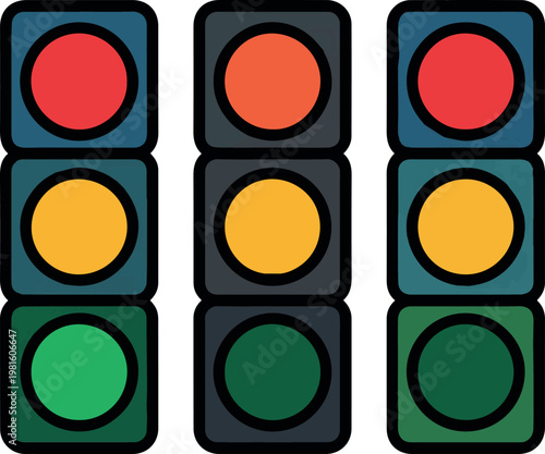 Need Hand-drawn and solid traffic light icons, a set of four vertical road signal symbols on no background