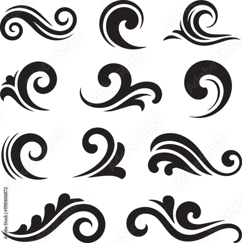 Need kinds Collection of black stylized swirl and wave vector elements featuring various organic, fluid, and decorative shapes with smooth flowing lines