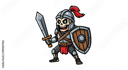 Cartoon skeleton knight with sword and shield illustration