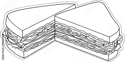 Thick layered sandwiches cut in half with visible fillings and dotted outline food