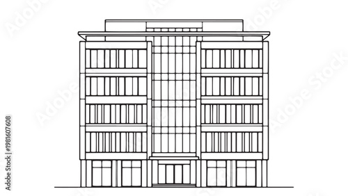 Modern Commercial Office Building Facade Line Art Illustration, Detailed Architectural Outline Drawing, Contemporary Urban Structure Design Vector Graphic.