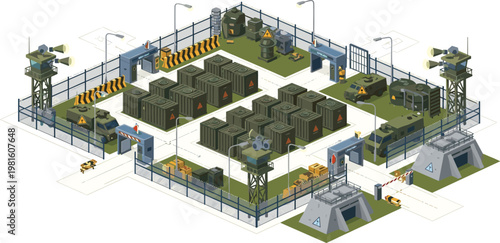 Detailed Military Base Illustration with Barracks, Surveillance Towers, and Warning Signs for Security, Defense, and Tactical Themed Designs, Vector Illustration