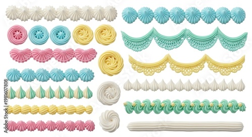 Pastel buttercream frosting borders and swirls, decorative cake icing piping set, colorful whipped cream decorations on white background