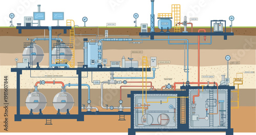 Detailed Industrial Pipeline System with Tanks, Pumps, and Monitoring Equipment for Engineering, Manufacturing, and Process Design, Vector Illustration
