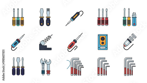 Set of electronic repair tools icons featuring screwdrivers soldering iron and hex keys in flat style.