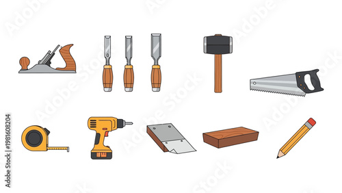 Woodworking equipment set featuring hand plane chisels mallet saw power drill and craft materials.