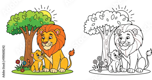 Lion Father and Cub under Tree Coloring Page and Color Illustration for Kids Activities and Education