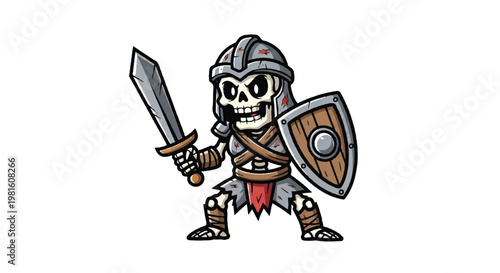 Cartoon skeleton warrior with sword and shield