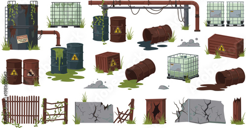 decayed hazardous waste and environmental damage elements set with contaminated drums, cracked walls, and polluted pipelines for environmental, industrial, and safety themed designs, vector illustrati