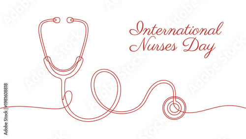 International Nurses Day red stethoscope continuous line drawing with elegant cursive lettering, symbolic medical observance artwork for celebration and stock illustration