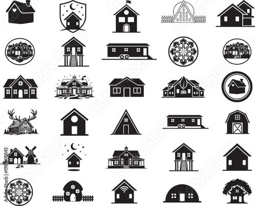 
Simple monochrome house icon set and houses black icons isolated on white background and Vector illustration.
