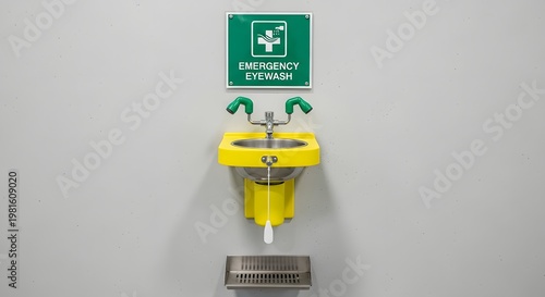 Emergency eyewash station mounted on wall with yellow basin faucet