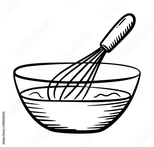 Photography Hand-drawn black and white whisk mixing ingredients in a clear glass bowl cookin