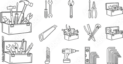 Set of various hand tools isolated on transparent background, collection of black outline construction equipment.