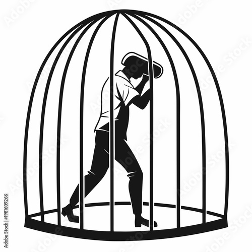 Black silhouette man trapped, confined in cage, birdcage prisoner, freedom concept