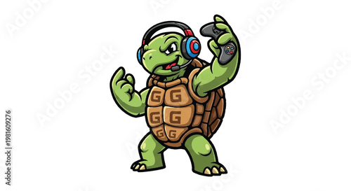 Cartoon tortoise gamer with headset and controller isolated on white