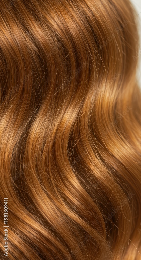 Naklejka premium Close Up of Wavy Ginger Hair Texture with Silky Shine and Natural Strands for Professional Salon Haircare Marketing and Beauty Product Shampoo Packaging