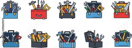 Colorful toolboxes set on transparent background, collection of repair equipment in various colors, flat design style.