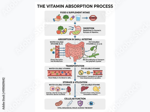 Detailed infographic explaining the complete vitamin absorption process in the human body, from intake to cellular utilization.