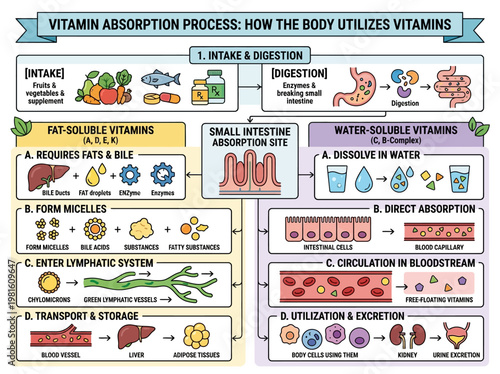 Detailed Infographic Illustrating the Vitamin Absorption Process in the Human Body, Differentiating Fat and Water-Soluble Types