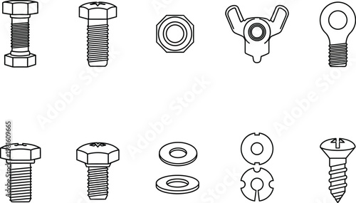 Outline drawing of various bolts nuts screws and washers on transparent grid.