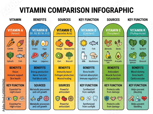 Educational Infographic Comparing Essential Vitamins, Their Diverse Sources, Key Benefits, and Vital Functions for Overall Health