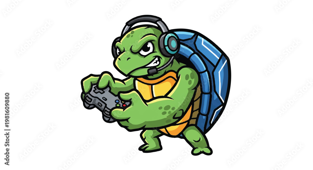 Obraz premium Cartoon turtle character with headset and game controller