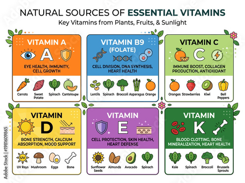 Educational Infographic Illustrating Essential Vitamins from Natural Sources, Their Functions, and Health Benefits for Optimal Well-being