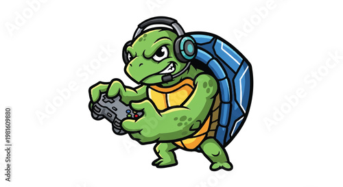 Cartoon turtle character with headset and game controller