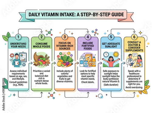 Infographic: A Step-by-Step Guide for Optimal Daily Vitamin Intake, Enhancing Nutritional Health Through Diet and Sunlight.