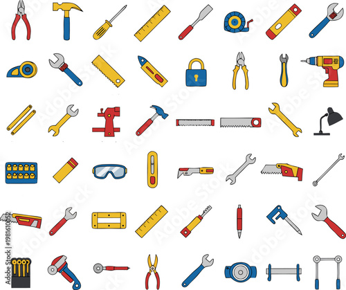 Large assortment of diverse tools and hardware for various projects with tape measure home improvement tool kit adjustable wrench power drill safety gear measuring tape tool belt