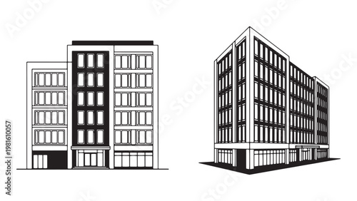 Modern Urban Architecture Line Art Vector Illustration Set Featuring Two Distinct Black And White Multi-Story Building Designs For City Planning And Real Estate Concepts