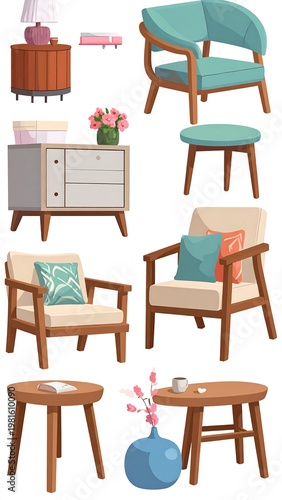 A collection of modern furniture items and home decor