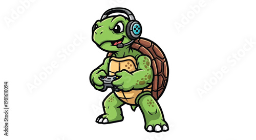 Cartoon turtle gamer with headset and controller isolated on white