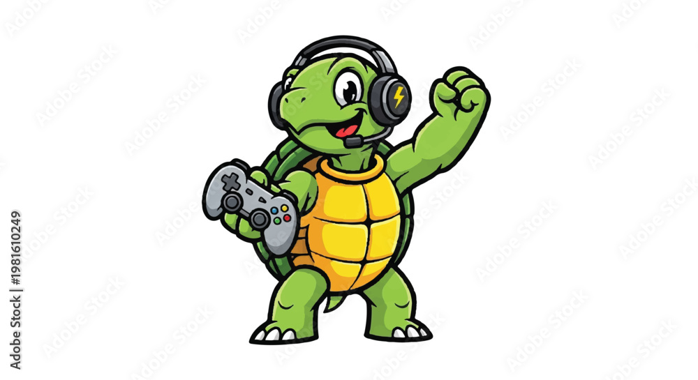Obraz premium Cartoon turtle gamer with headset and game controller on white background