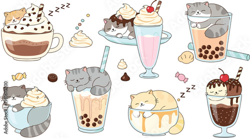 Adorable Cats in Sweet Drinks Set Featuring Ice Cream, Milkshakes, and Coffee for Dessert, Beverage, and Cute Cat-Themed Designs, Vector Illustration
