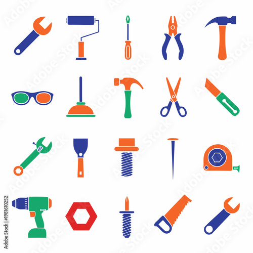 Assorted hand tools and safety gear collection with safety glasses utility knife putty knife measuring tape home improvement scissors screwdriver construction equipment workshop