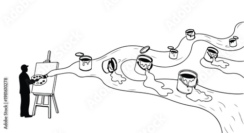 Artist creates flowing colors that spill from paint cans creating a vibrant river of imagination.