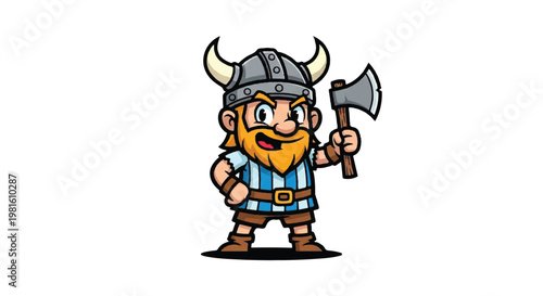 Cartoon viking character with axe and helmet isolated