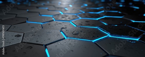 Hexagonal pattern with blue light emitting from edges and water droplets on surface