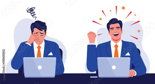 Businessman's journey through frustration to triumph, depicted in a split vector graphic illustration with a laptop.