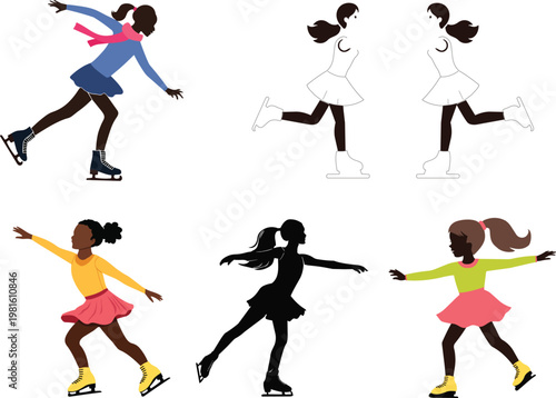 girls practice figure skating Silhouette vector