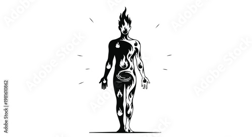 Fiery human silhouette embodying opposing elements of fire and water in a stark, symbolic representation.