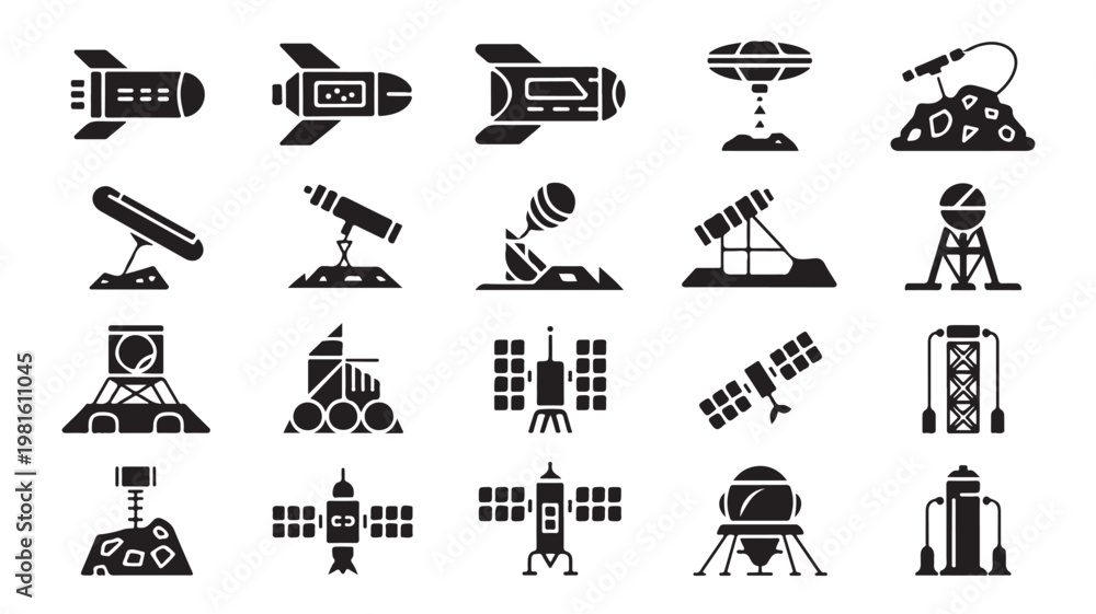 Fototapeta premium Space Exploration Vector Icons Featuring Rockets Satellites and Astronomy Equipment