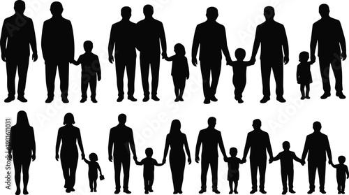 Family silhouettes set featuring parents and children standing, walking, holding hands, diverse family members collection, parenting lifestyle concept isolated on white background