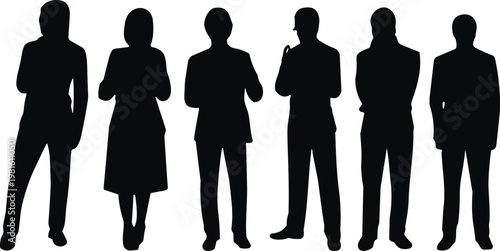 Diverse Set of Professional Business People Silhouettes Featuring Men and Women in Formal Corporate Attire Standing and Posing Isolated on Plain White Background for Design