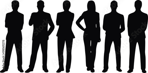 Set of Professional Business People Silhouettes Featuring Men and Women in Formal Suits Standing and Posing Together Isolated on White Background for Architectural Design Projects