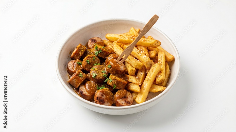 Fototapeta premium Hearty and delicious chopped sausage with crispy french fries served in a white bowl with a fork
