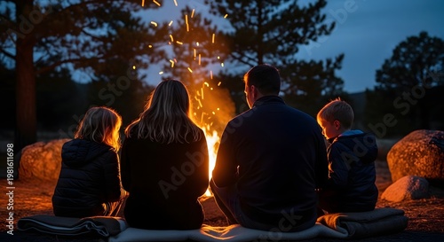 Family sitting around campfire in forest at dusk with parents and kids