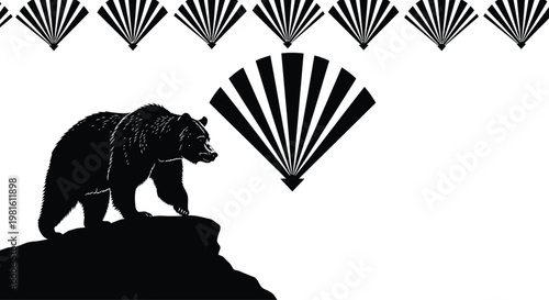 Black Bear Silhouette Standing on Rock with Fan Patterns